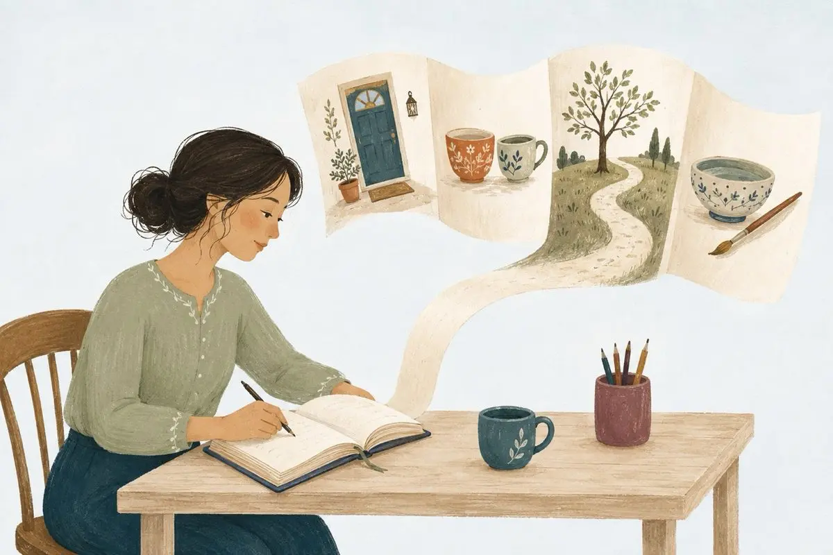 Keeping a diary — a woman writing, her memories unfolding from the page