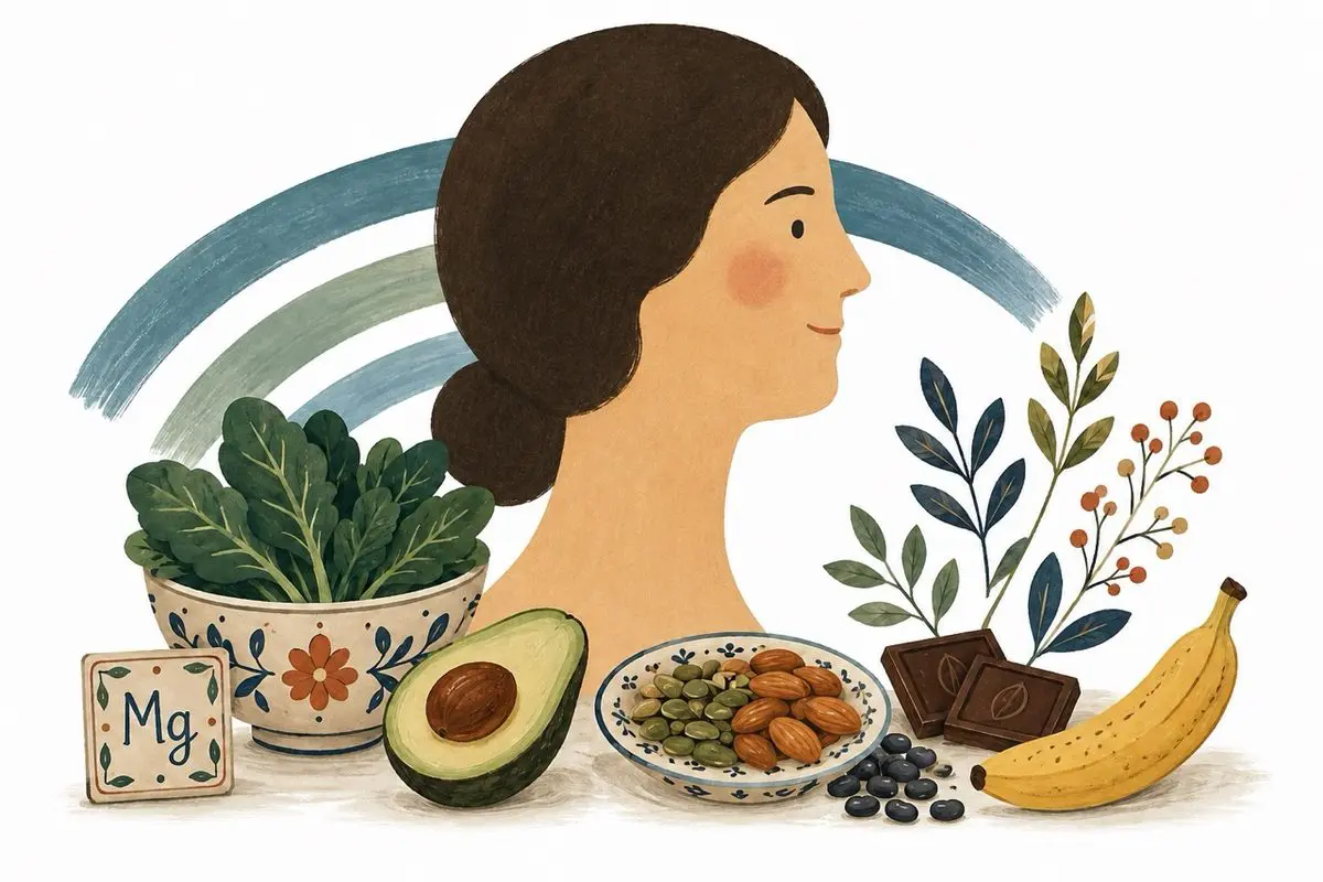 Magnesium and mental health — magnesium-rich foods surrounding a calm mind