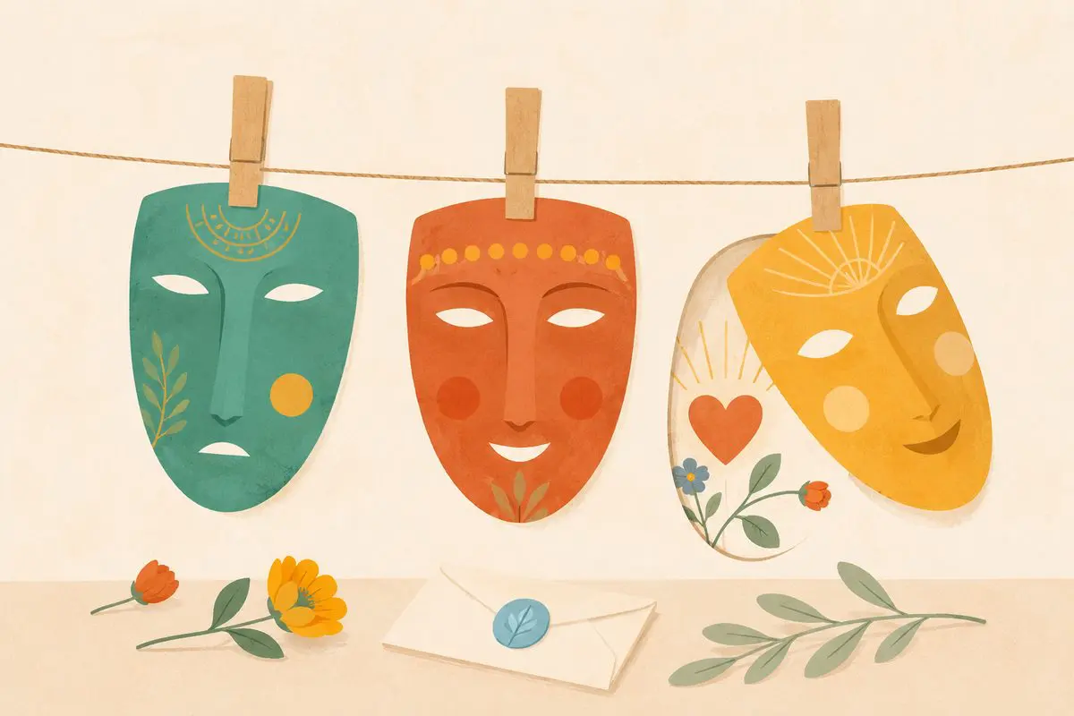 Why people mask their mental health — a row of different masks hanging on a line