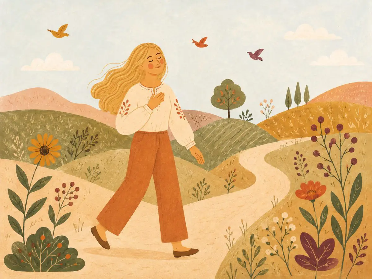 Mindful walking — noticing each step on a peaceful path through the hills