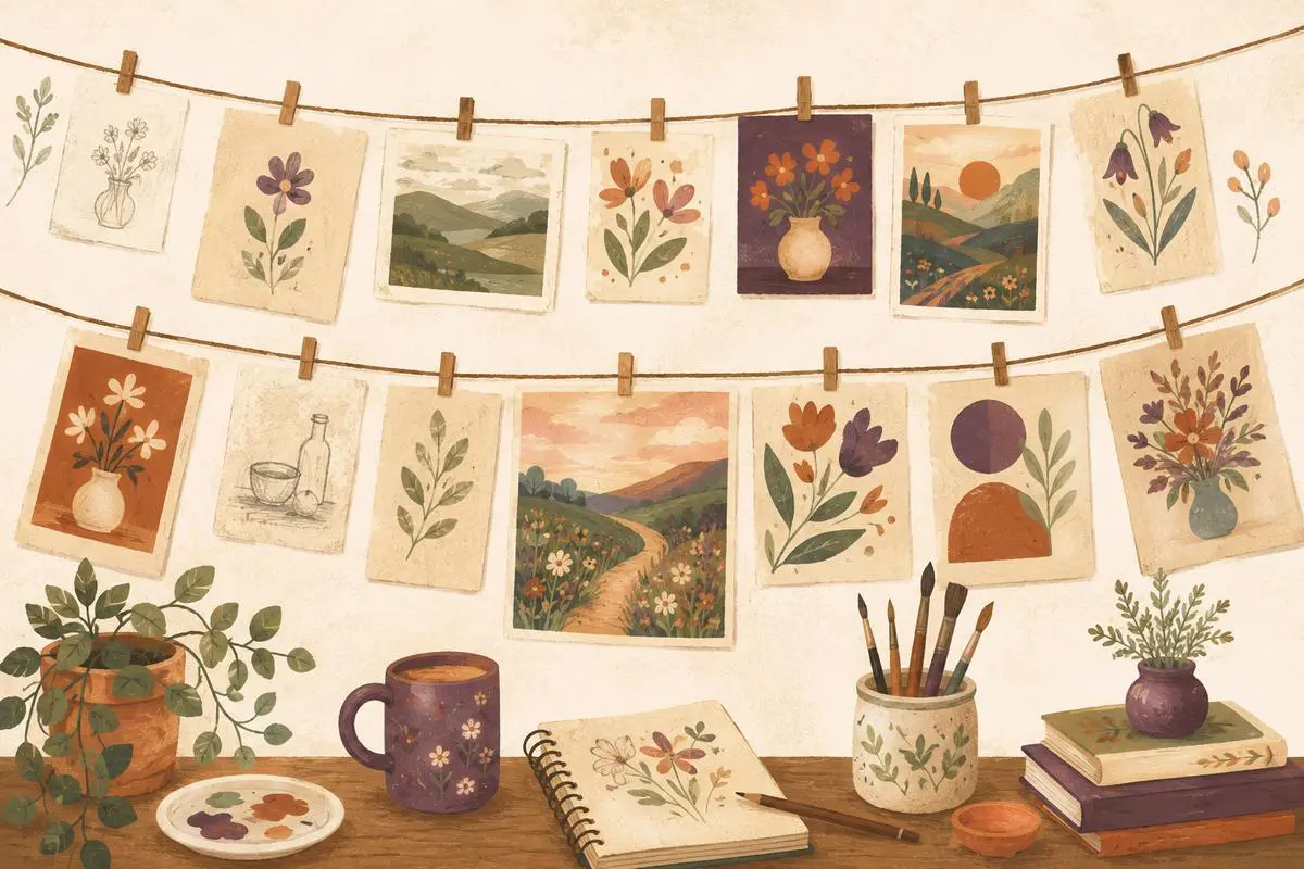 Celebrating every step of creative progress A wall of small paintings clipped to string while an artist admires her creative progress, celebrating growth over perfection