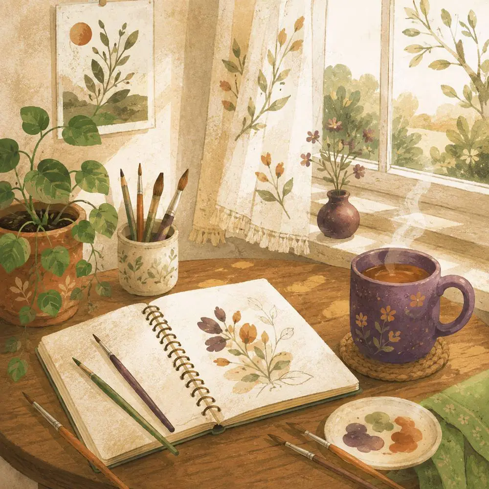 A relaxed daily art practice by the window A sunlit cozy art nook by a window with an open sketchbook, tea, brushes and a potted plant, showing a relaxed daily art practice