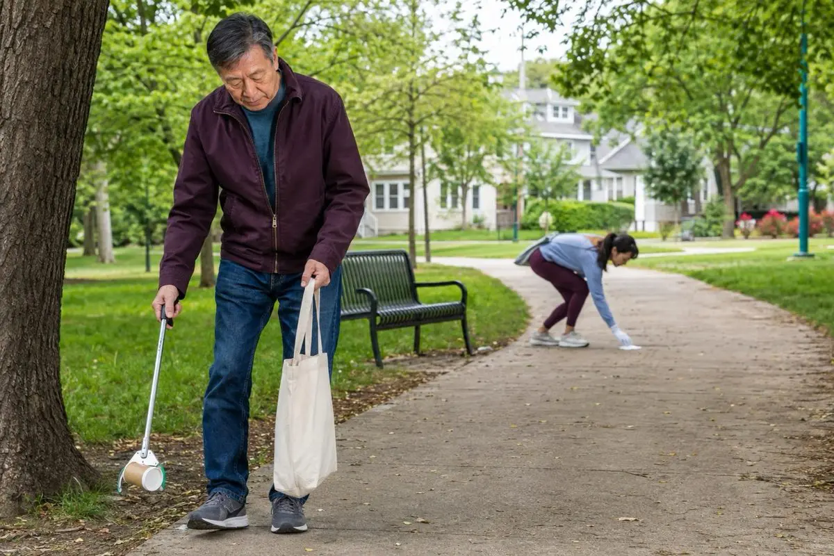 Pick up litter — neighbours cleaning up the local park together