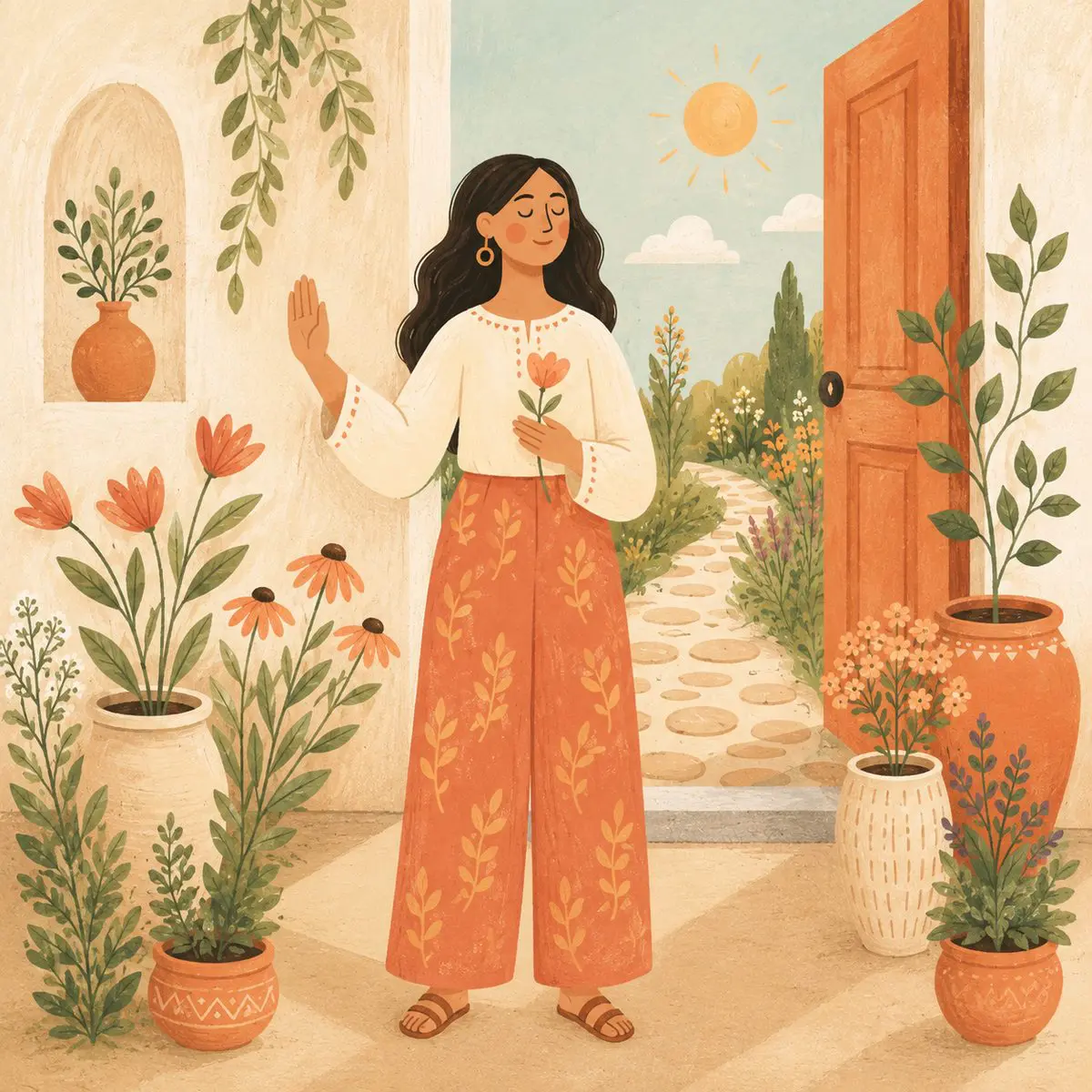 Recognizing echoism in yourself — a woman at an open door choosing her own path