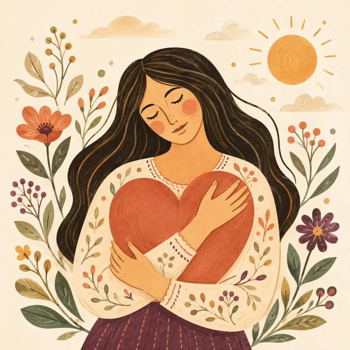 Second chances — a woman embracing a heart, compassionately facing our mistakes