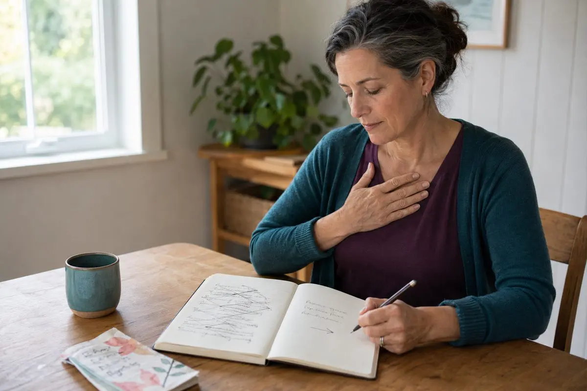 Compassion starts with you — a hand on the heart while journaling through mistakes