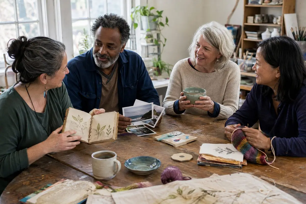 Connecting through sharing your creativity — friends showing each other their work