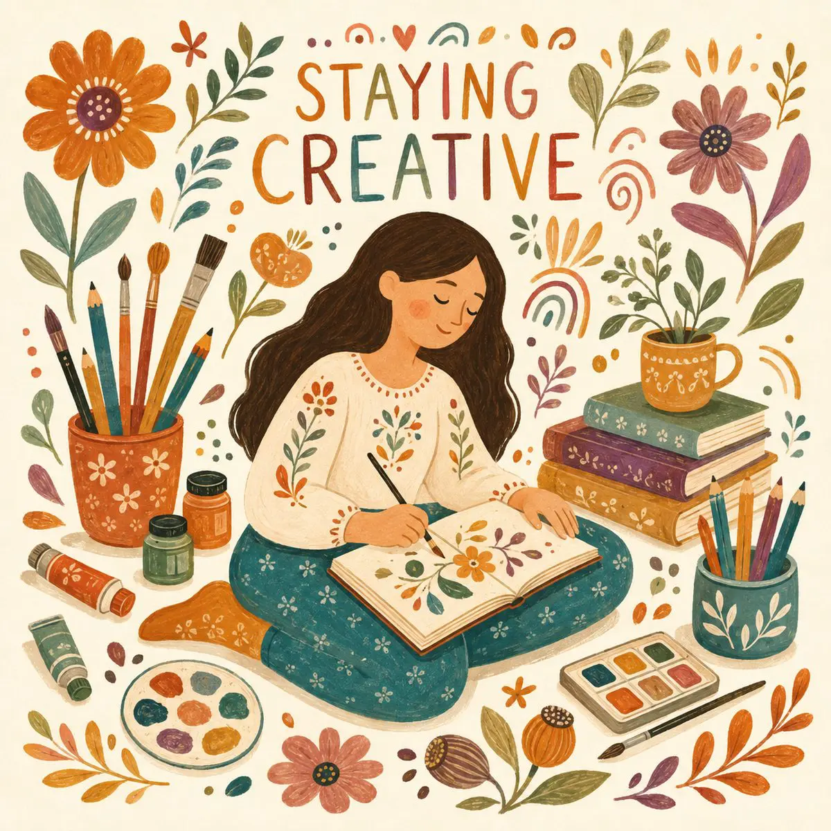 Staying creative during challenging times — girl creating art surrounded by flowers