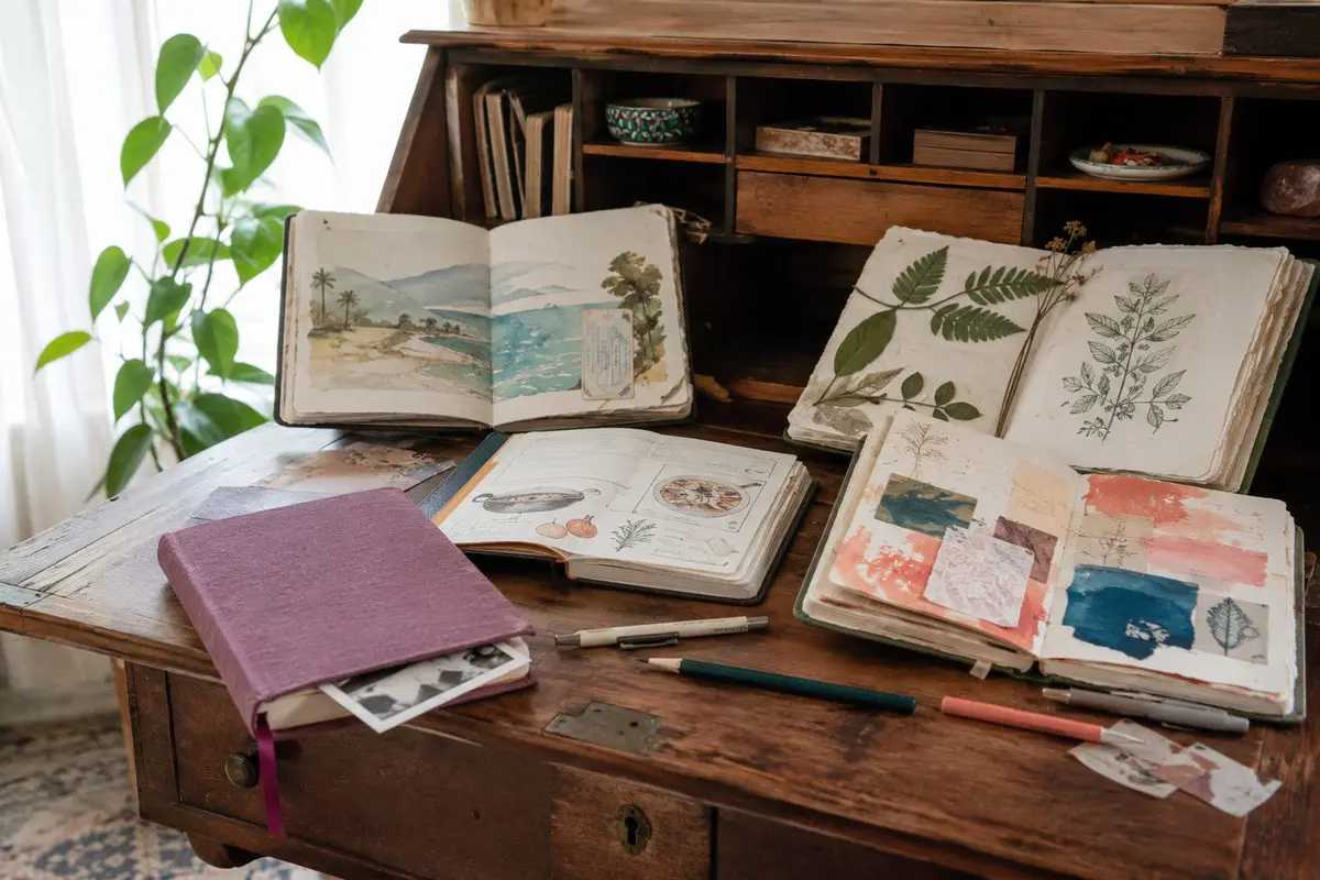 Exploring themed diary and journal ideas — nature journals and sketchbooks on a desk