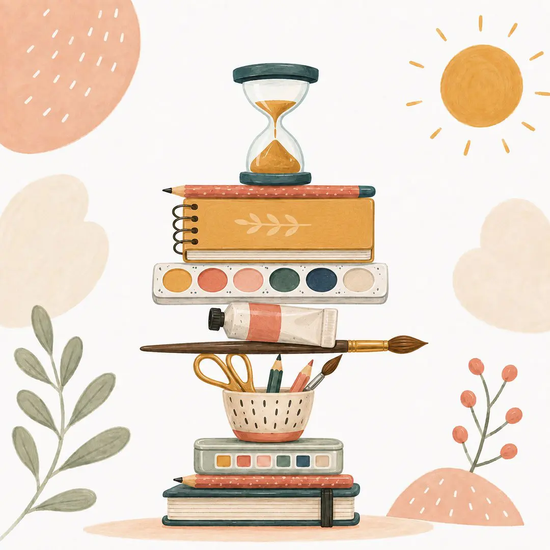 Balancing art and life A balanced stack of art supplies topped with an hourglass, symbolizing balancing art-making with a busy schedule