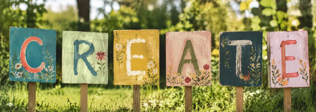 Hand-painted wooden garden signs spelling the word CREATE among wildflowers, a cheerful reminder to make time for art
