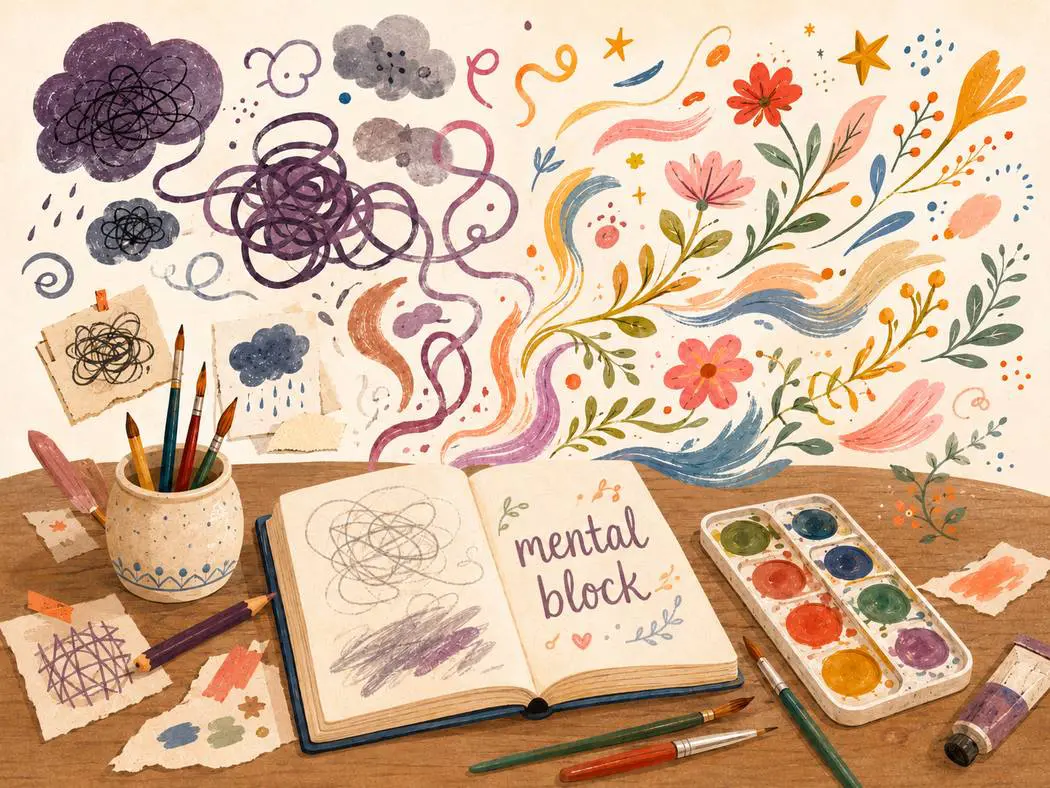 Moving through a creative block An open sketchbook where dark scribbles and storm clouds transform into blooming flowers and color, overcoming a creative mental block