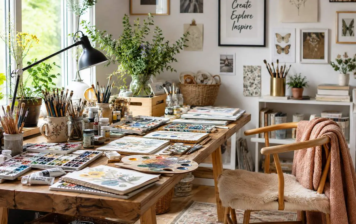 Keep your workspace ready A sunlit art studio with a table of watercolors, brushes and sketchbooks kept ready to use, an inviting creative workspace for busy days