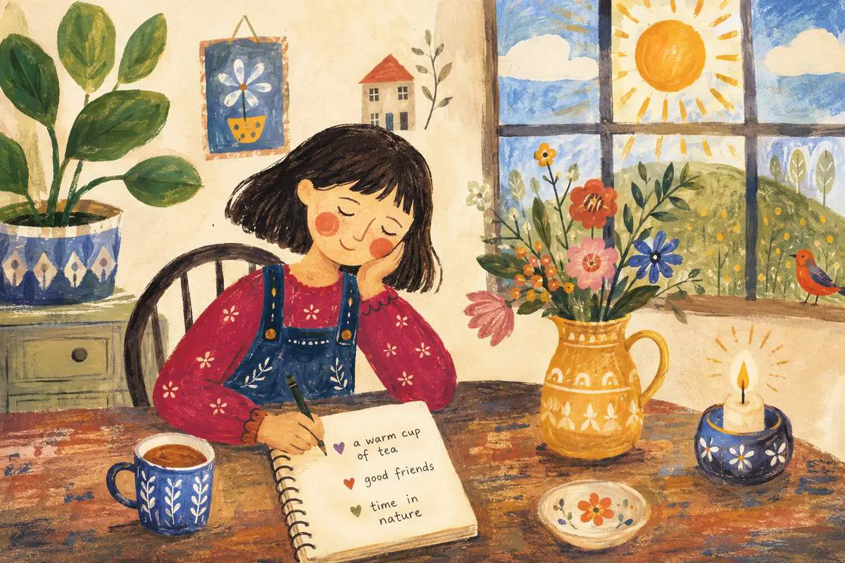 Practicing gratitude A woman journaling a gratitude list at a cozy table by a sunny window, practicing gratitude to ease anxiety