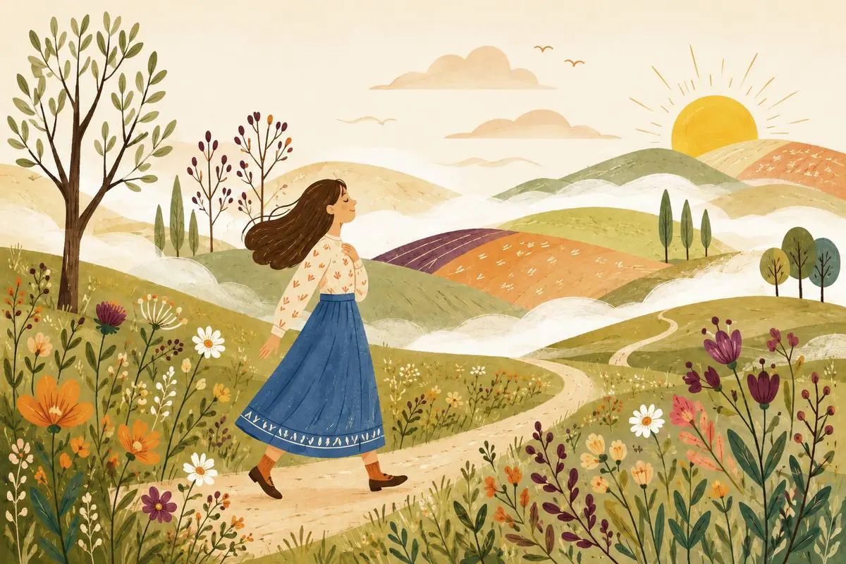 Finding calm and direction amid uncertainty A woman walking a winding path through sunlit misty hills and wildflowers, symbolizing finding calm and direction amid uncertainty