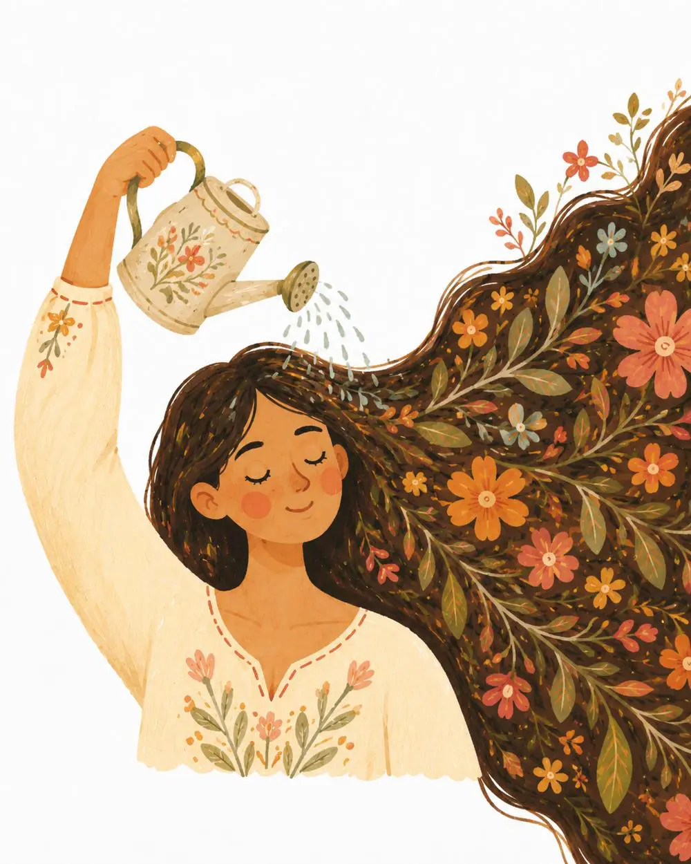 Nurturing yourself during uncertain times A woman gently watering her flower-filled hair with a watering can, symbolizing self-nurture and emotional care during uncertain times