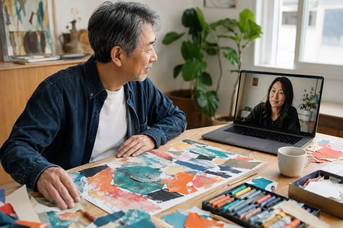 Virtual art therapy studio — a session on a laptop while making collage