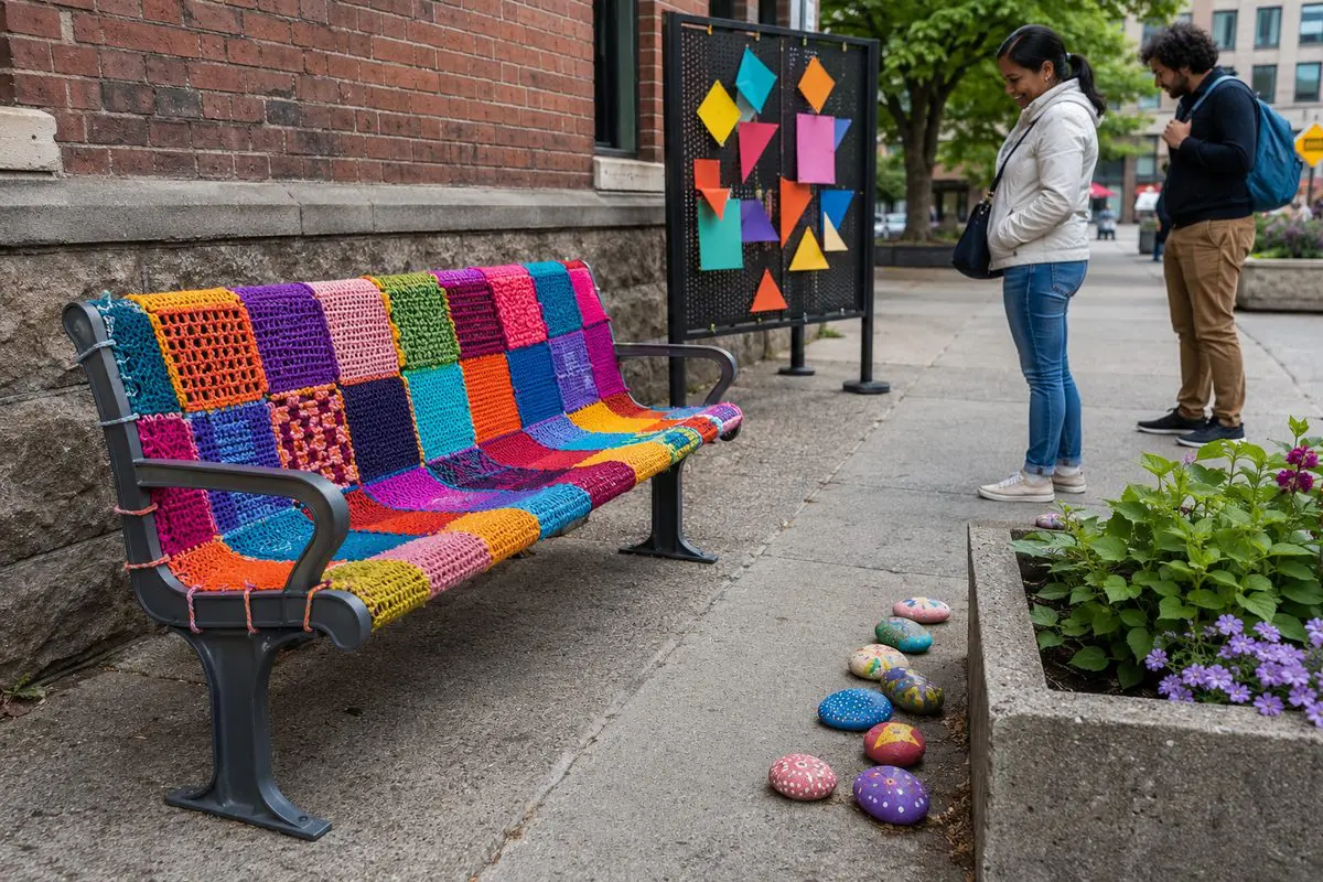Guerrilla art kindness — a yarn-bombed bench and painted rocks brightening the sidewalk