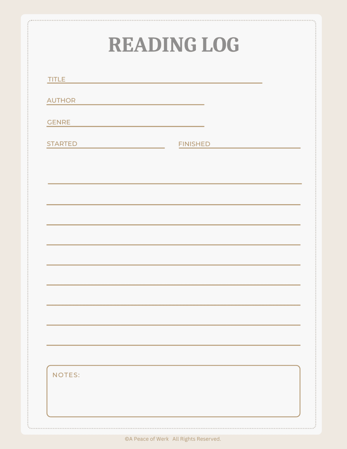 Free Printable Reading Log A Peace of Werk By Eliza Todd | Free Printables