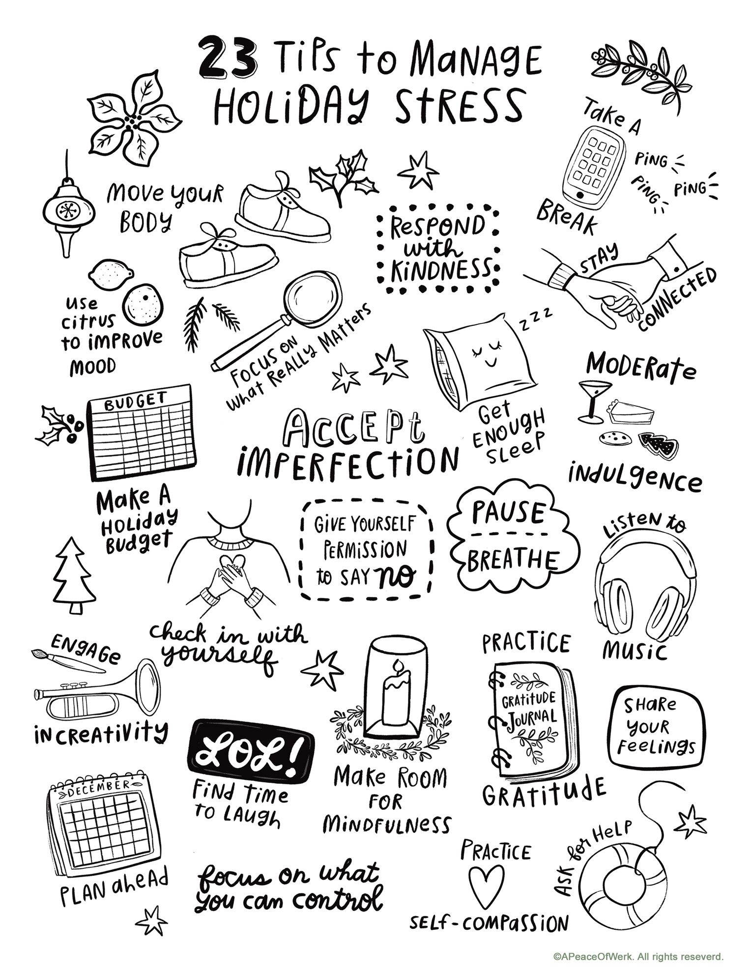 23 ways to manage stress over the holidays black and white