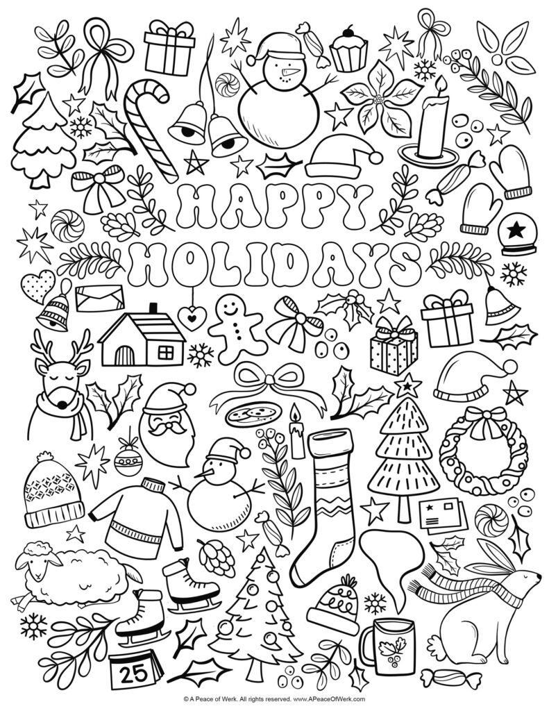 Happy Holidays Christmas Coloring Page for Kids and adults