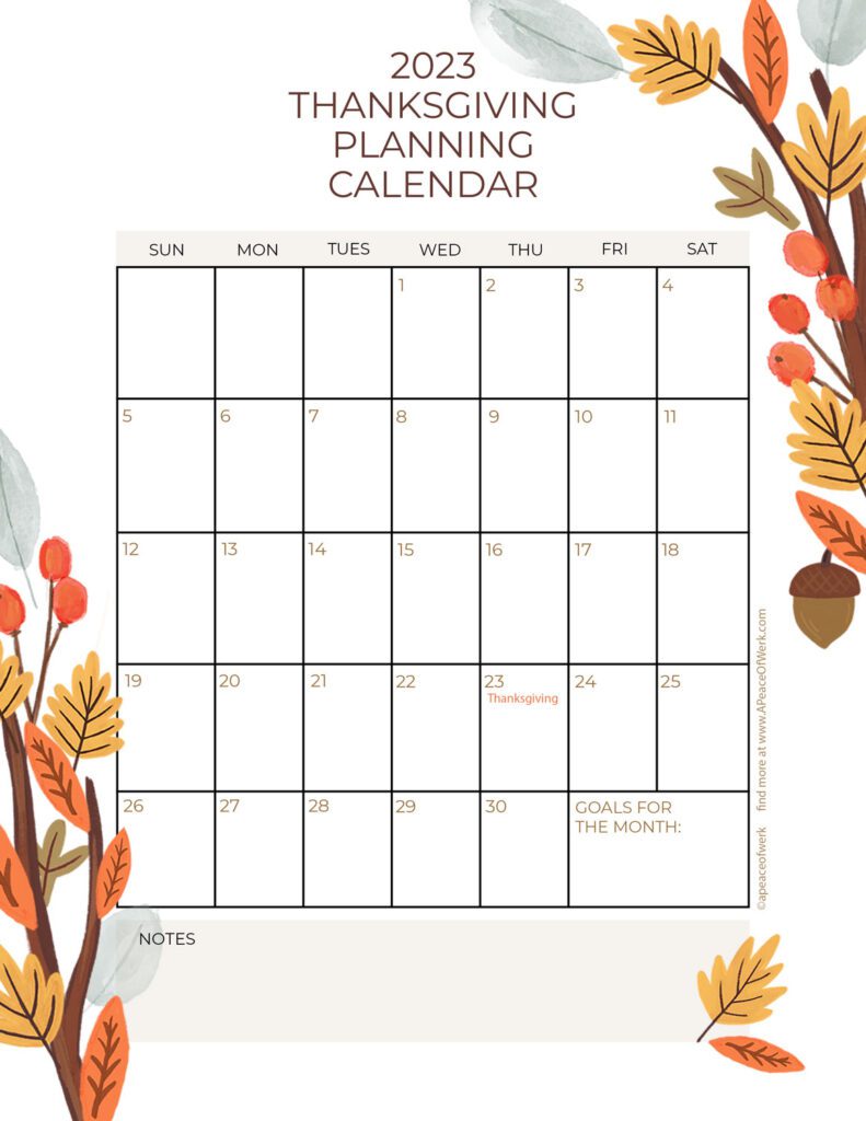 Thanksgiving November 2023 calendar for holiday prep