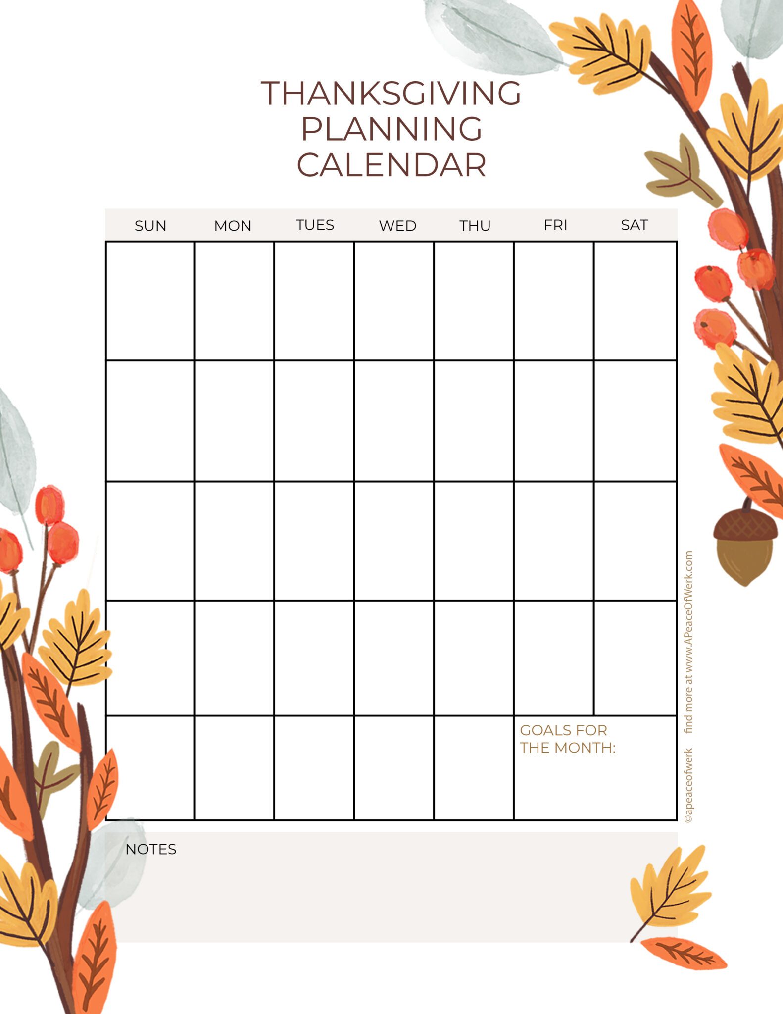 Thanksgiving planner calendar