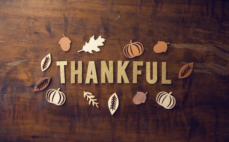 Cozy rustic thankful sign surrounded by pumpkins and leaves