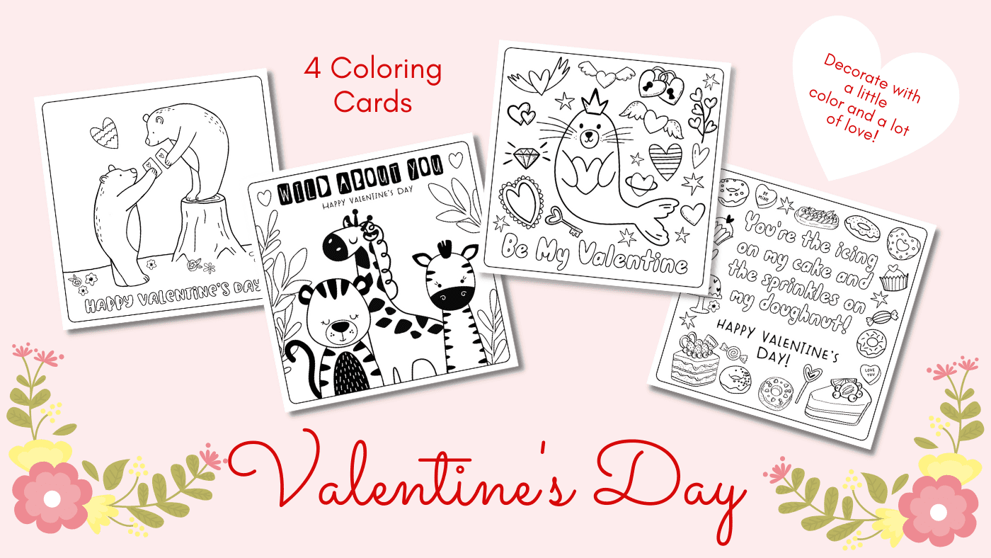 Valentines Coloring Cards for Kids set mocked up
