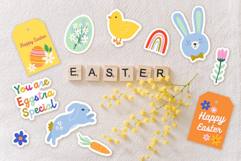 easter spelled out with scrabble letters and free printable easter stickers around it