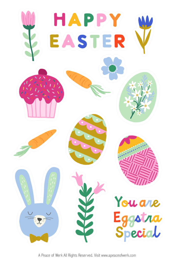 Free-Easter-Printable-Stickers with bunny flowers and easter eggs