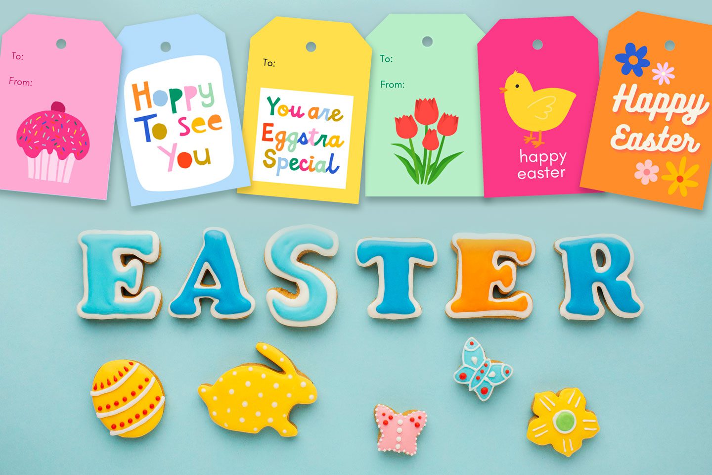 easter spelled out with decorated cookies and free printable gift tags surrounding it