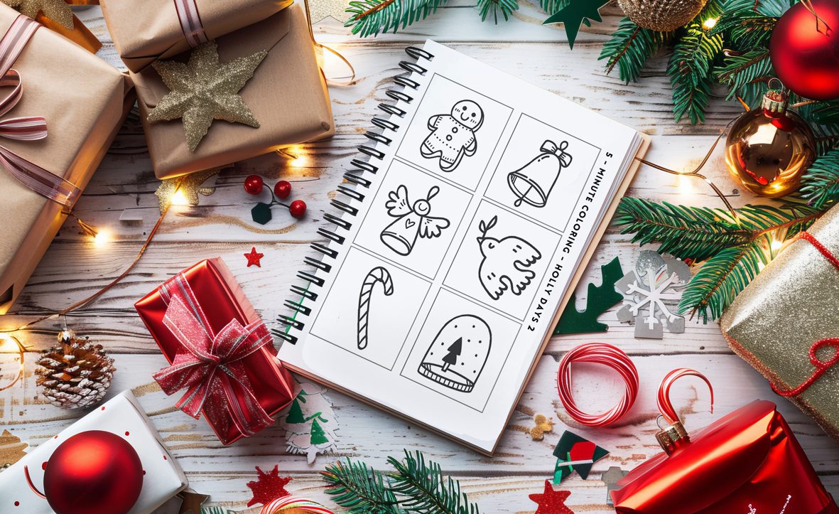 mini coloring page on a table with holiday items