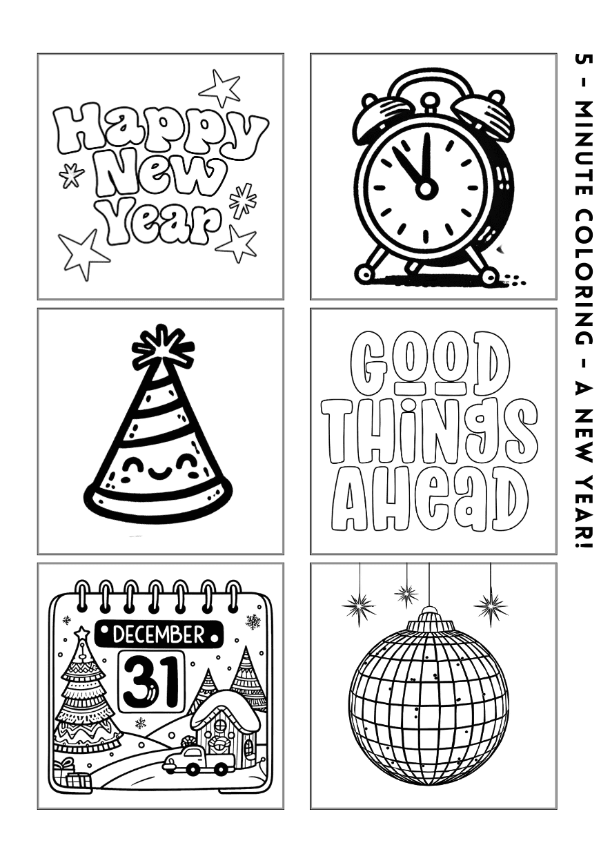 winter coloring pages, mini printables, New Year coloring, stress-relief activity