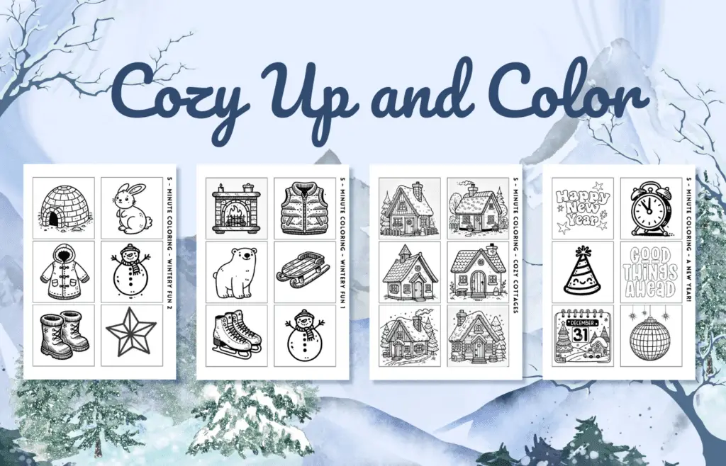 winter coloring pages, mini printables, New Year coloring, stress-relief activity