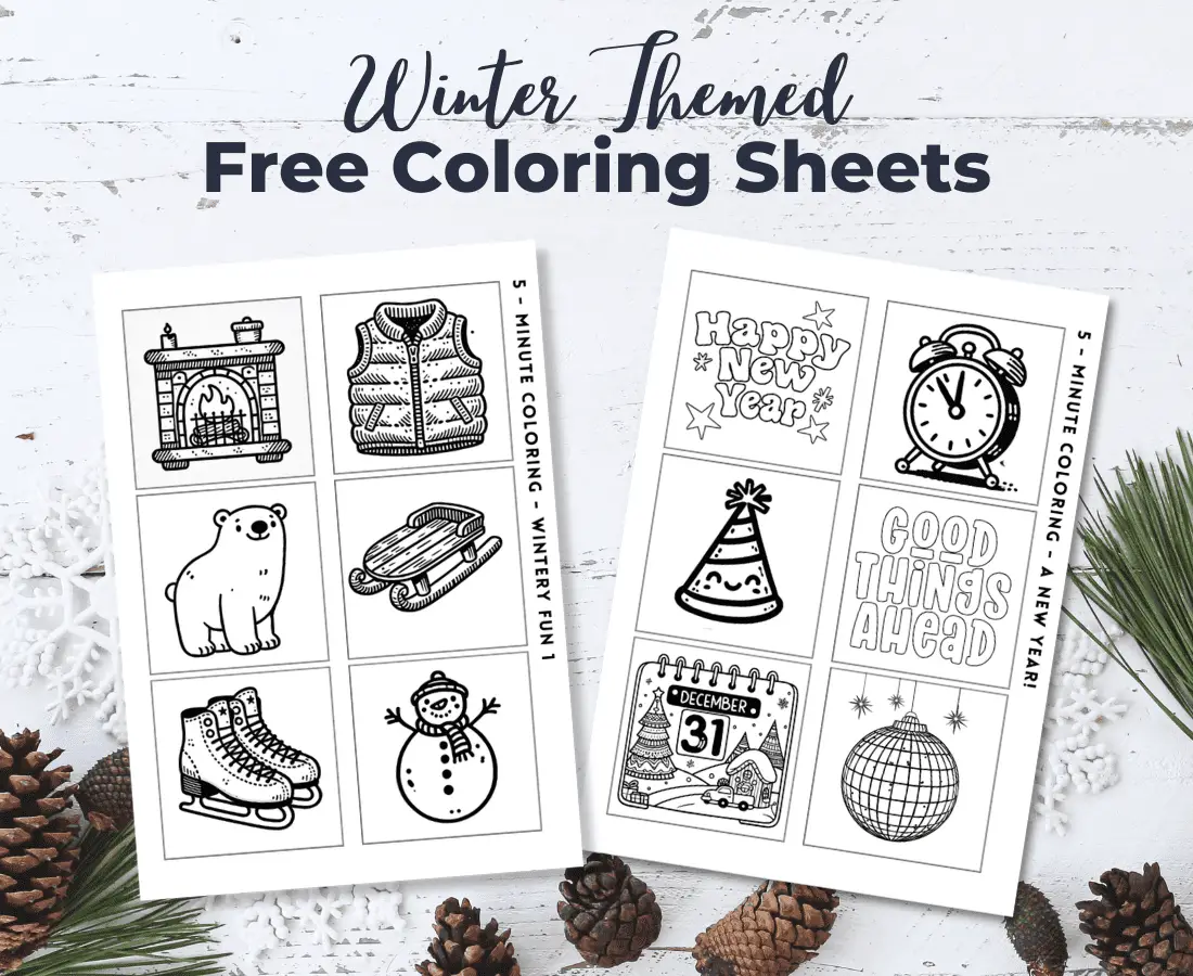 winter coloring pages, mini printables, New Year coloring, stress-relief activity